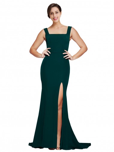 Fitted Square Neck Long Crepe Prom Dress with Train and Side Split UK Clearance