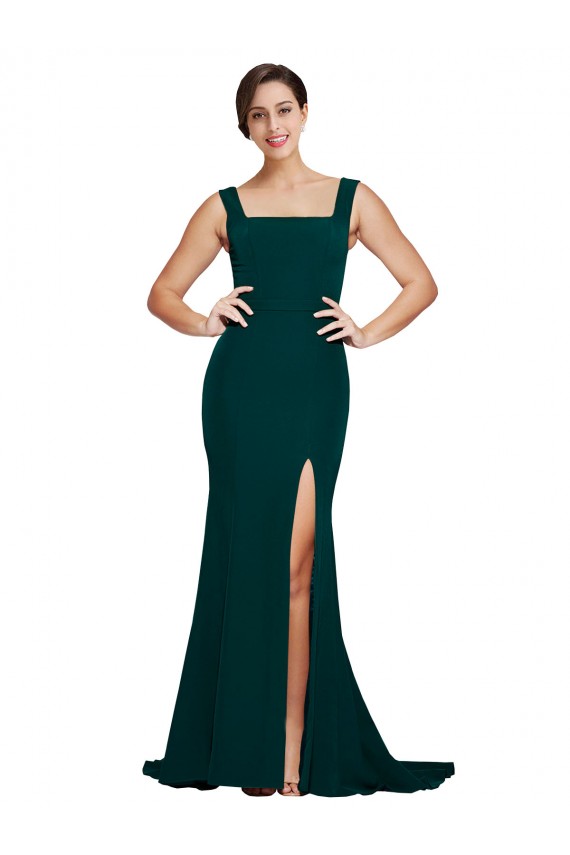 Fitted Square Neck Long Crepe Prom Dress with Train and Side Split UK Clearance