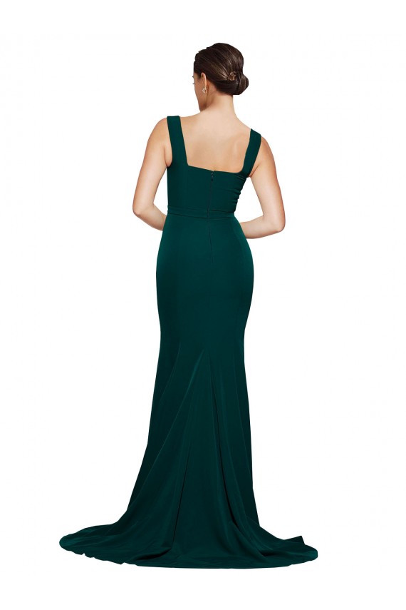 Fitted Square Neck Long Crepe Prom Dress with Train and Side Split UK Clearance