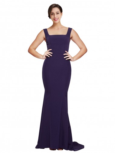 Square Neck Long Sweep Train Crepe Prom Dress with Thick Straps UK Clearance