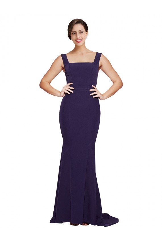 Square Neck Long Sweep Train Crepe Prom Dress with Thick Straps UK Clearance