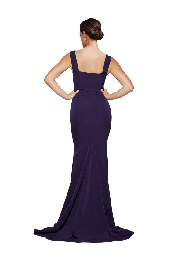 Square Neck Long Sweep Train Crepe Prom Dress with Thick Straps UK Clearance