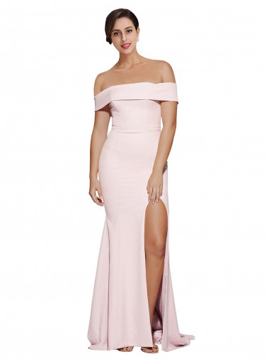 Off Shoulder Long Crepe Prom Dress with Straight Neckline and Side Split UK Clearance