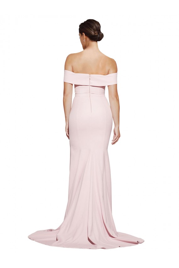 Off Shoulder Long Crepe Prom Dress with Straight Neckline and Side Split UK Clearance