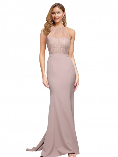 Long Sweetheart Crepe Prom Dress with High Neck Illusion Tulle Details UK Clearance