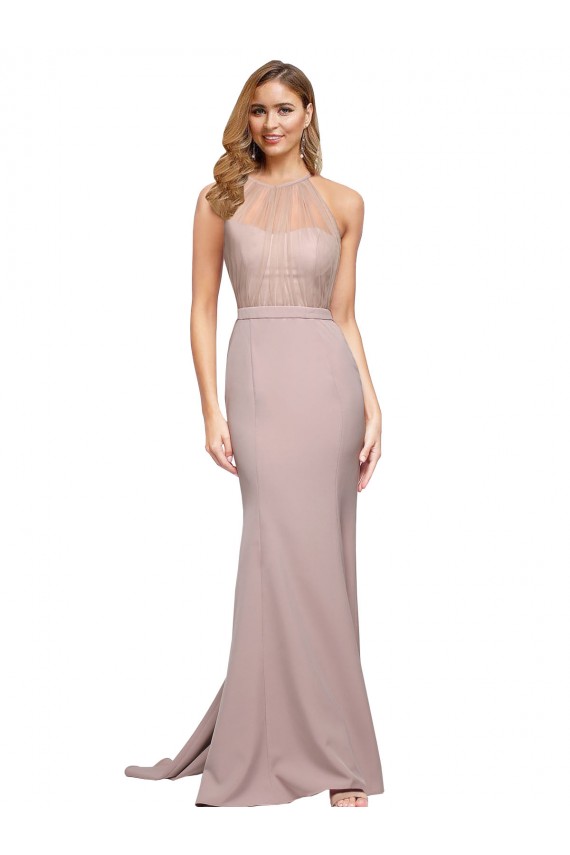 Long Sweetheart Crepe Prom Dress with High Neck Illusion Tulle Details UK Clearance