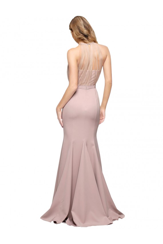 Long Sweetheart Crepe Prom Dress with High Neck Illusion Tulle Details UK Clearance