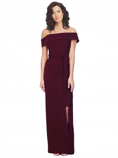 Fitted Full Length Off the Shoulder Crepe Prom Dress with Side Split and Waist Tie UK Clearance