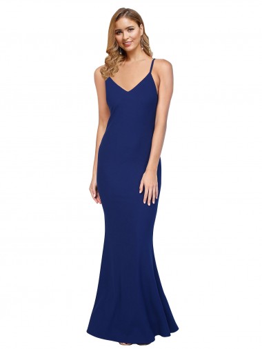 Full Length V-Neckline Crepe Prom Dress with Thin Straps and Fulted Skirt UK Clearance