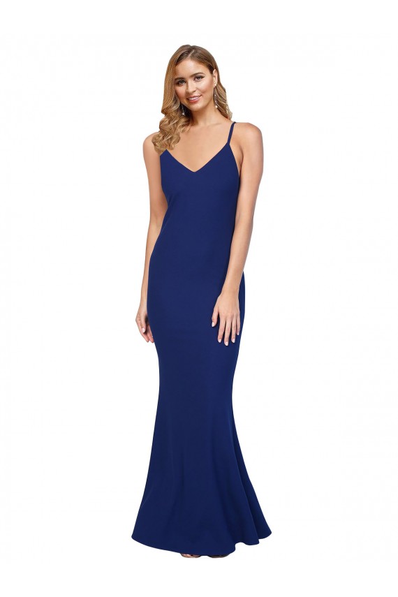 Full Length V-Neckline Crepe Prom Dress with Thin Straps and Fulted Skirt UK Clearance