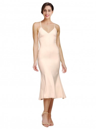 Midi Length V-Neckline Crepe Cocktail Prom Dress / Homecoming Dress with Thin Straps and Fulted Skirt UK Clearance