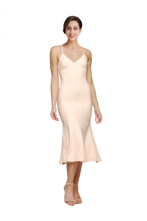 Midi Length V-Neckline Crepe Cocktail Prom Dress / Homecoming Dress with Thin Straps and Fulted Skirt UK Clearance