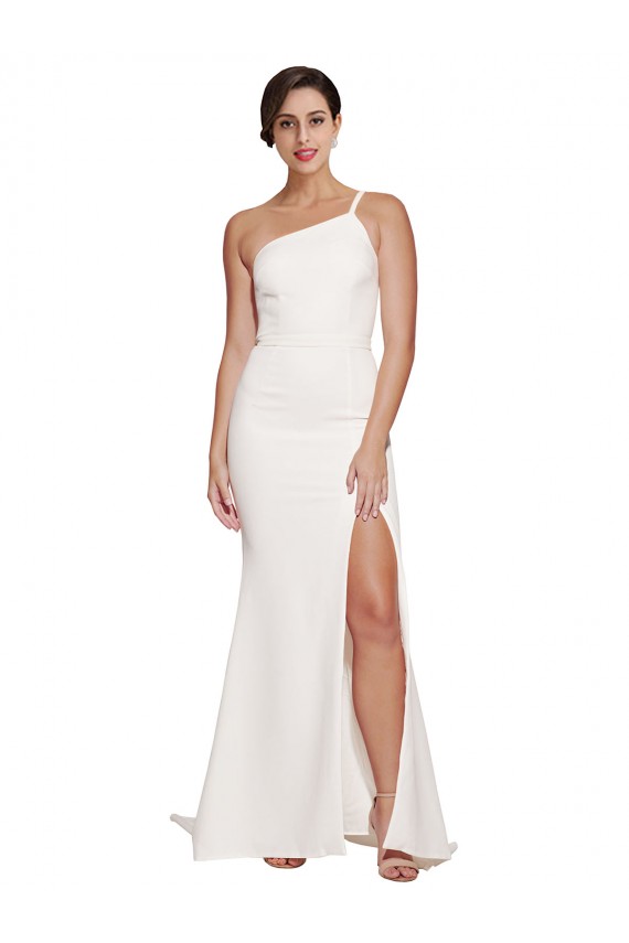 Long Sweep Train Crepe Prom Dress with Side Split and One Strap UK Clearance