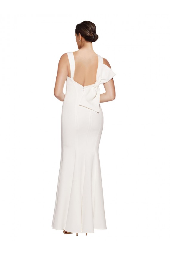 Full Length Square Neck Crepe Prom Dress with Asymmetrical Straps and Bow Back UK Clearance