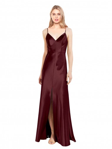 Sleek Spaghetti Straps V-Neck Stretch Satin Prom Dress with Center Front Slit UK Clearance