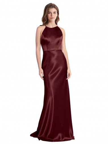 High Neck Halter Long Sleeveless Stretch Satin Prom Dress with Strappy Back UK Clearance