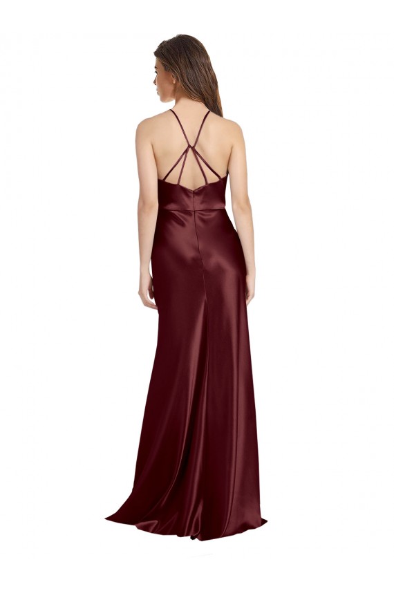 High Neck Halter Long Sleeveless Stretch Satin Prom Dress with Strappy Back UK Clearance