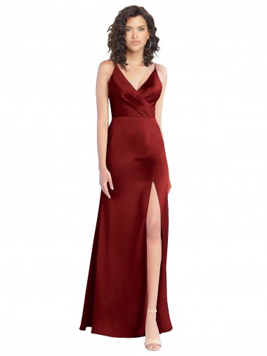 Faux Surplice Neckline Long Slim A-Line Stretch Satin Prom Dress UK Clearance