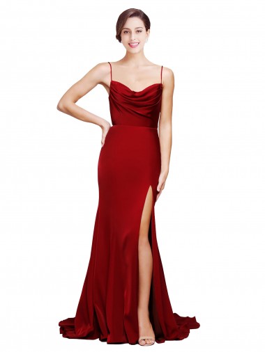 Cowl Front Neck Sweep Train Stretch Satin Prom Dress with High Side Split UK Clearance