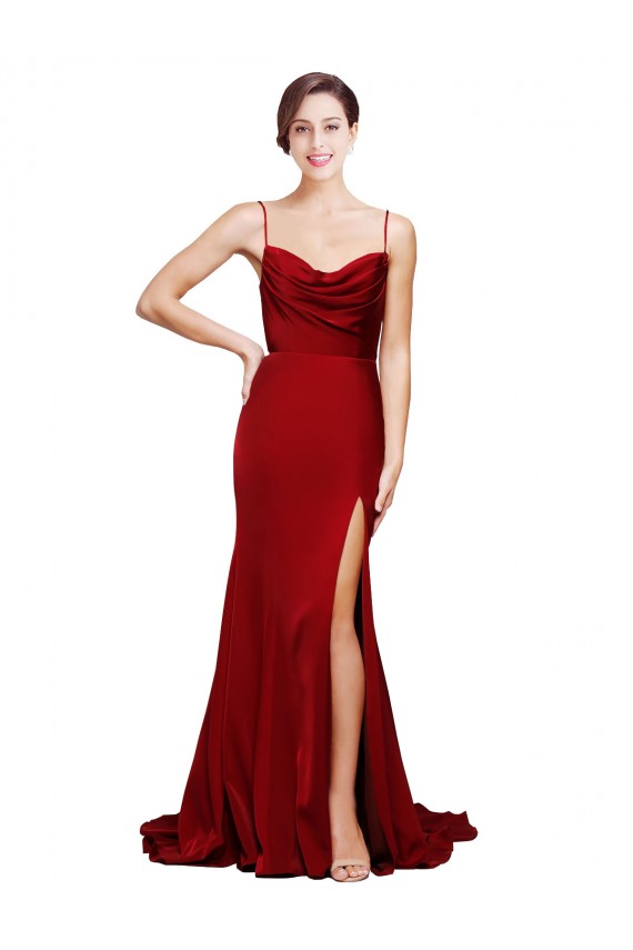 Cowl Front Neck Sweep Train Stretch Satin Prom Dress with High Side Split UK Clearance