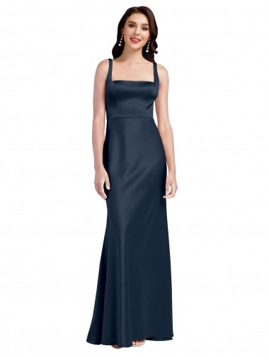 Square Neck A-Line Long Stretch Satin Prom Dress with Wide Straps UK Clearance