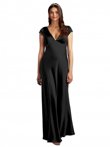 Plunging V-Neck Cap Cleeves Long Stretch Satin Prom Dress with Keyhole Back UK Clearance