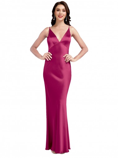 V-Neck Spaghetti Straps Slim Stretch Satin Prom Dress with Low Scoop Back UK Clearance