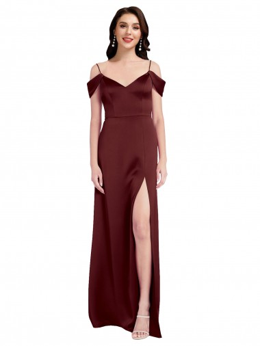 Draped Off the Shoulder Sleeves Slim A-Line Stretch Satin Prom Dress with Side Slit UK Clearance