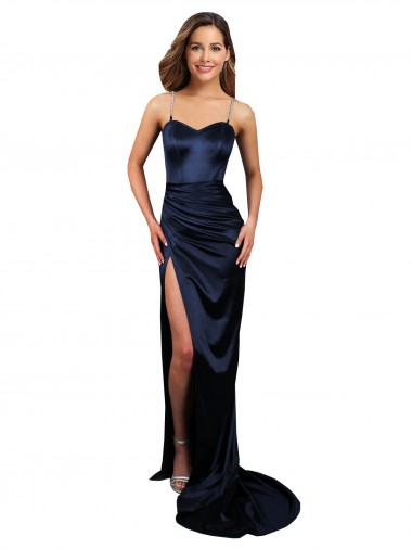 Pleated Sash Skirt Long Stretch Satin Prom Dress with High Slit UK Clearance