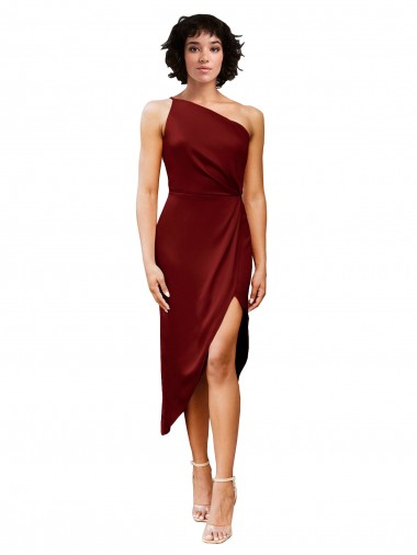 One Shoulder Midi Length Short Stretch Satin Wrap Style Cocktail Prom Dress / Homecoming Dress UK Clearance