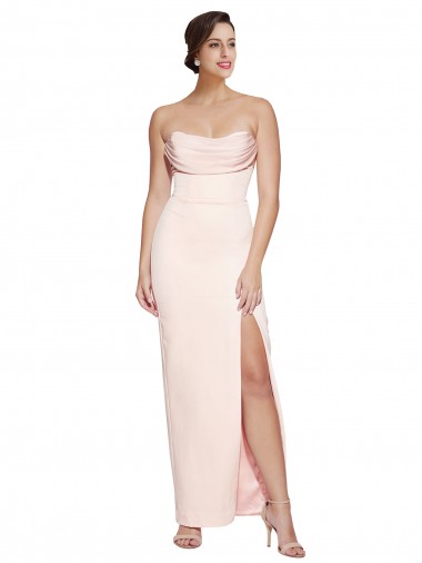 Cowl Neck Strapless Stretch Satin Prom Dress with High Split UK Clearance