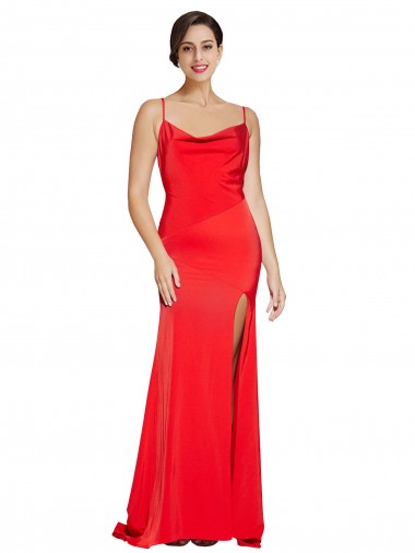 Low Back Cowl Neck Stretch Satin Prom Dress with High Side Slit UK Clearance