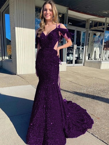 Cold Shoulder Sleeveless Long Court Train Velvet Sequin Prom Dress UK Clearance