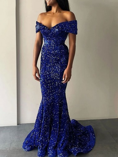 Mermaid Off the Shoulder Sleeveless Long Sweep Train Velvet Sequin Prom Dress UK Clearance