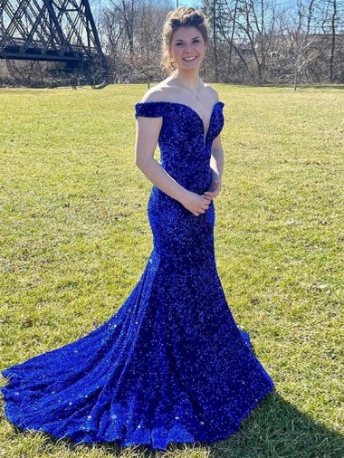 Off the Shoulder Sleeveless Long Sweep Train Velvet Sequin Prom Dress UK Clearance