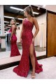 Mermaid One Shoulder Sleeveless Long Sweep Train Velvet Sequin Prom Dress with High Slit UK Clearance