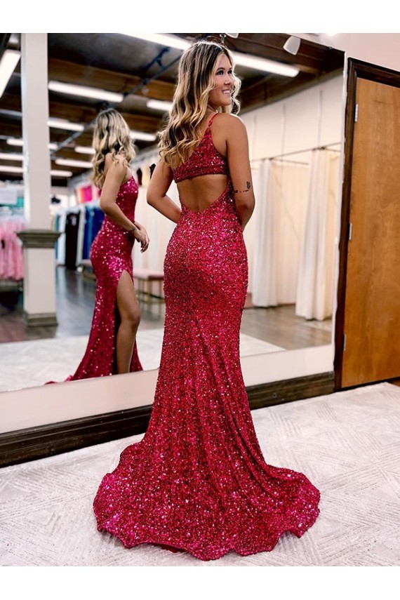 Mermaid One Shoulder Sleeveless Long Sweep Train Velvet Sequin Prom Dress with High Slit UK Clearance