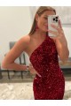 Open Back One Shoulder Sleeveless Long Sweep Train Velvet Sequin Prom Dress UK Clearance