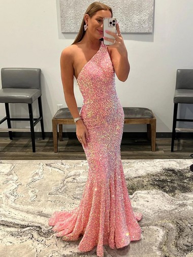 Open Back One Shoulder Sleeveless Long Sweep Train Velvet Sequin Prom Dress UK Clearance