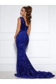 Mermaid One Shoulder Sleeveless Long Court Train Velvet Sequin Prom Dress with Slit UK Clearance