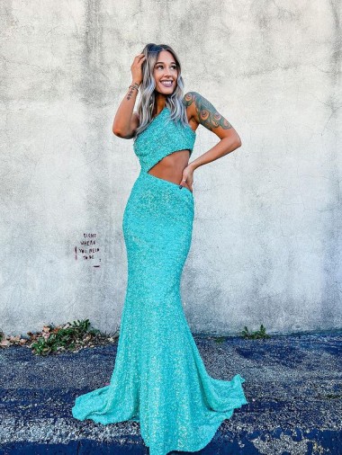 Mermaid One Shoulder Sleeveless Long Sweep Train Velvet Sequin Prom Dress UK Clearance