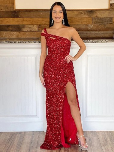 One Shoulder Sleeveless Long Sweep Train Velvet Sequin Prom Dress UK Clearance