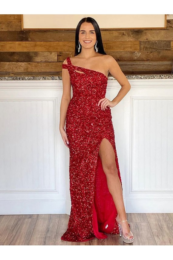 One Shoulder Sleeveless Long Sweep Train Velvet Sequin Prom Dress UK Clearance