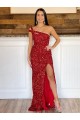 One Shoulder Sleeveless Long Sweep Train Velvet Sequin Prom Dress UK Clearance