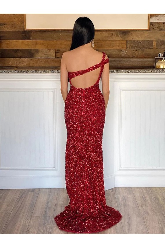 One Shoulder Sleeveless Long Sweep Train Velvet Sequin Prom Dress UK Clearance