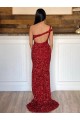 One Shoulder Sleeveless Long Sweep Train Velvet Sequin Prom Dress UK Clearance