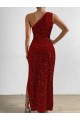 One Shoulder Sleeveless Long Floor Length Velvet Sequin Prom Dress with Slit UK Clearance