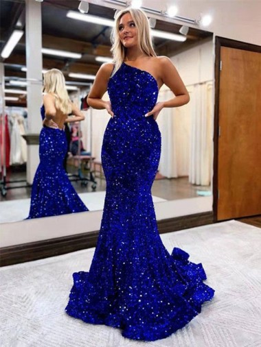 Mermaid One Shoulder Open Back Long Sweep Train Velvet Sequin Prom Dress UK Clearance