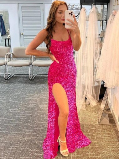 Spaghetti Straps Sleeveless Long Velvet Sequin Prom Dress with Slit and Criss Cross Open Back UK Clearance