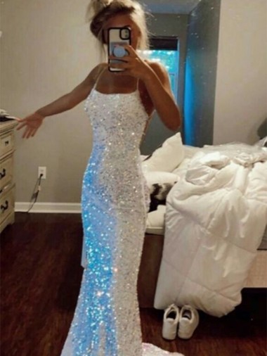 Long Spaghetti Straps Sleeveless Sweep Train Velvet Sequin Prom Dress UK Clearance